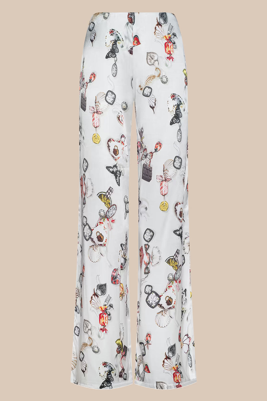 L'Agence Kimia ecru satin straight leg trousers, print detail