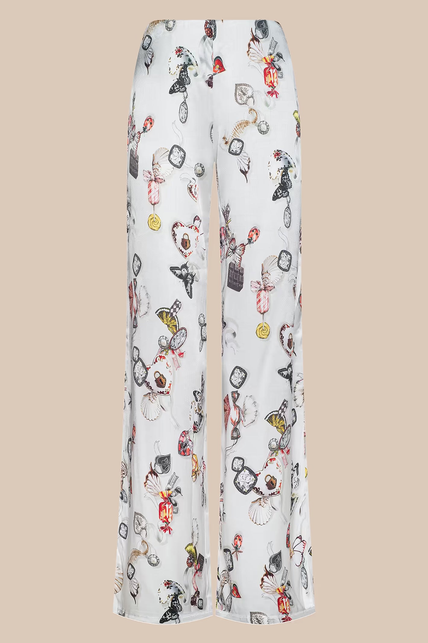 L'Agence Kimia ecru satin straight leg trousers, print detail
