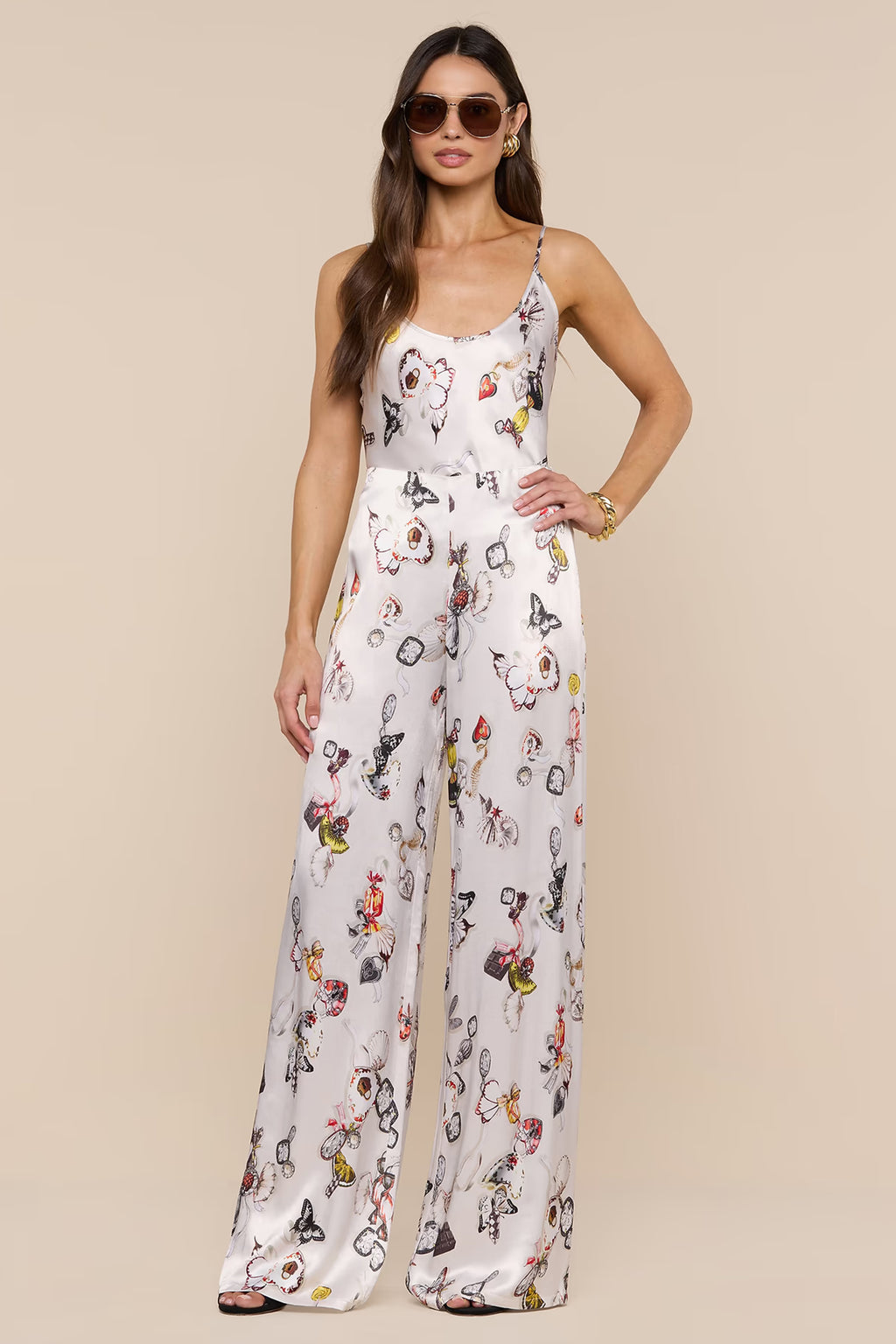 L'Agence Kimia ecru satin straight leg trousers in lock butterfly print