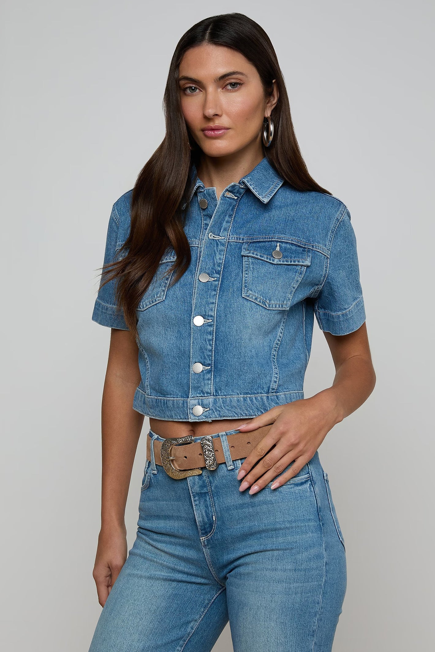 L'Agence Kirstie Calabasas blue short sleeve crop denim jacket at No.19 Boutique