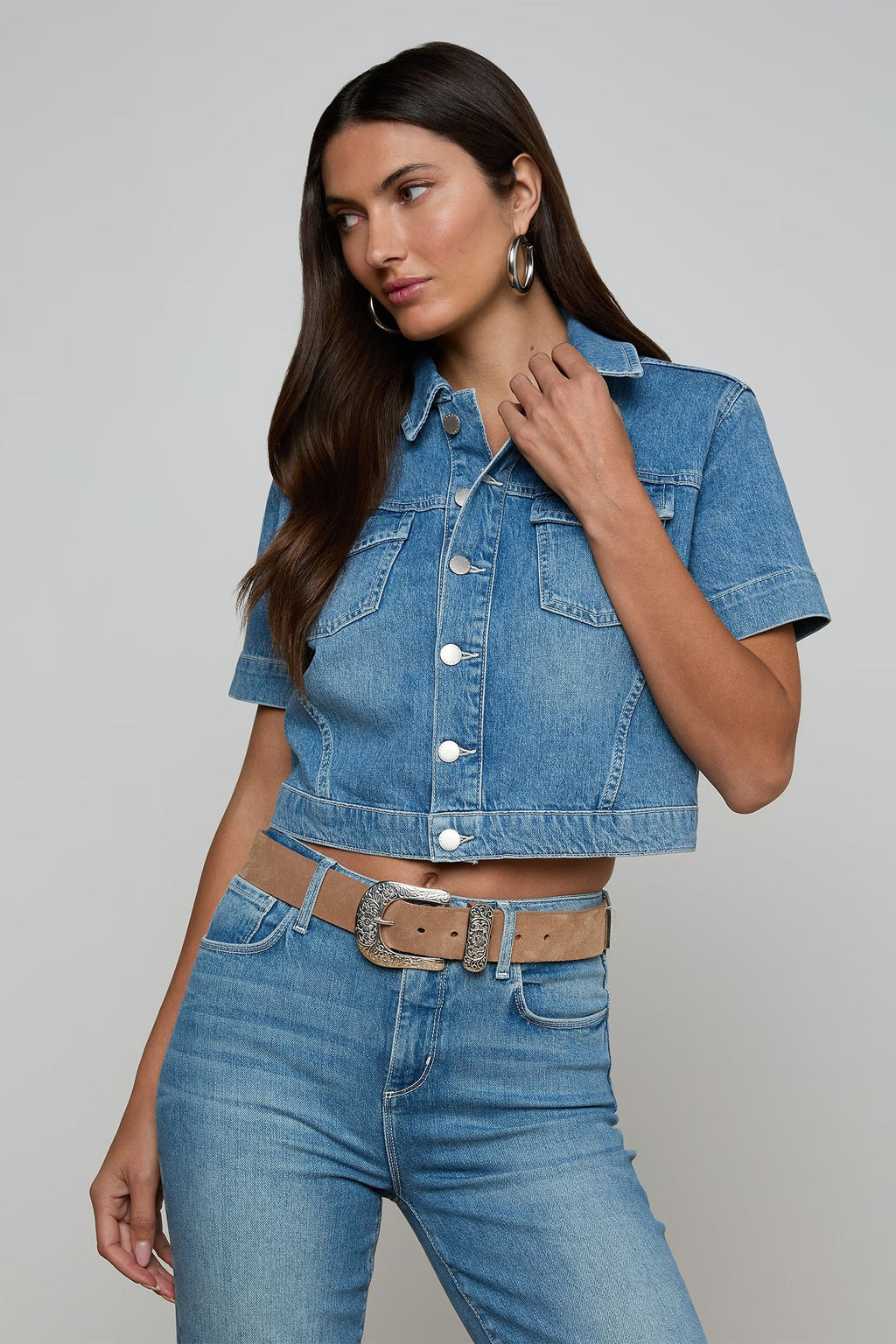 L'Agence Kirstie Calabasas blue short sleeve crop denim jacket at No.19 Boutique
