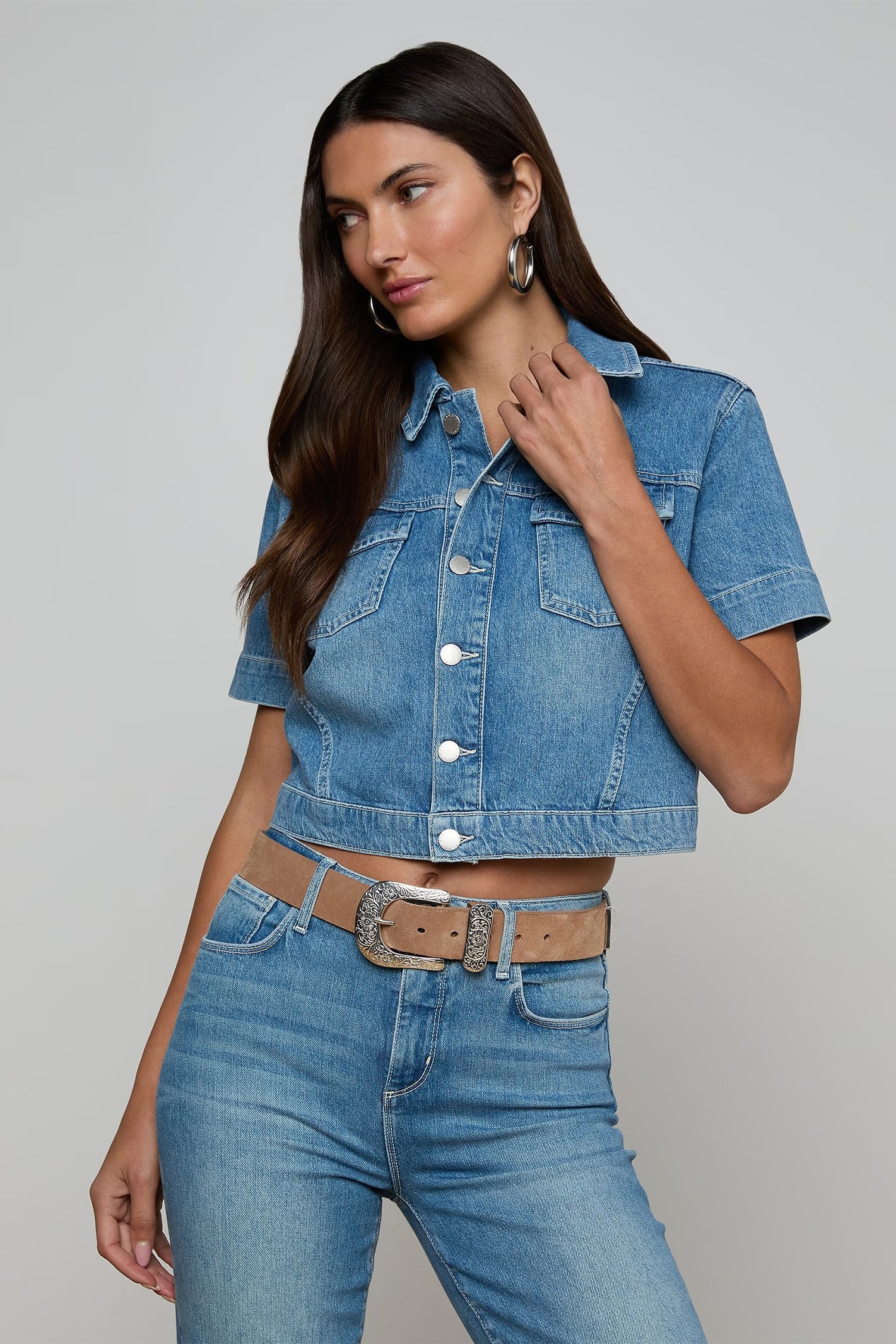 L'Agence Kirstie Calabasas blue short sleeve crop denim jacket at No.19 Boutique