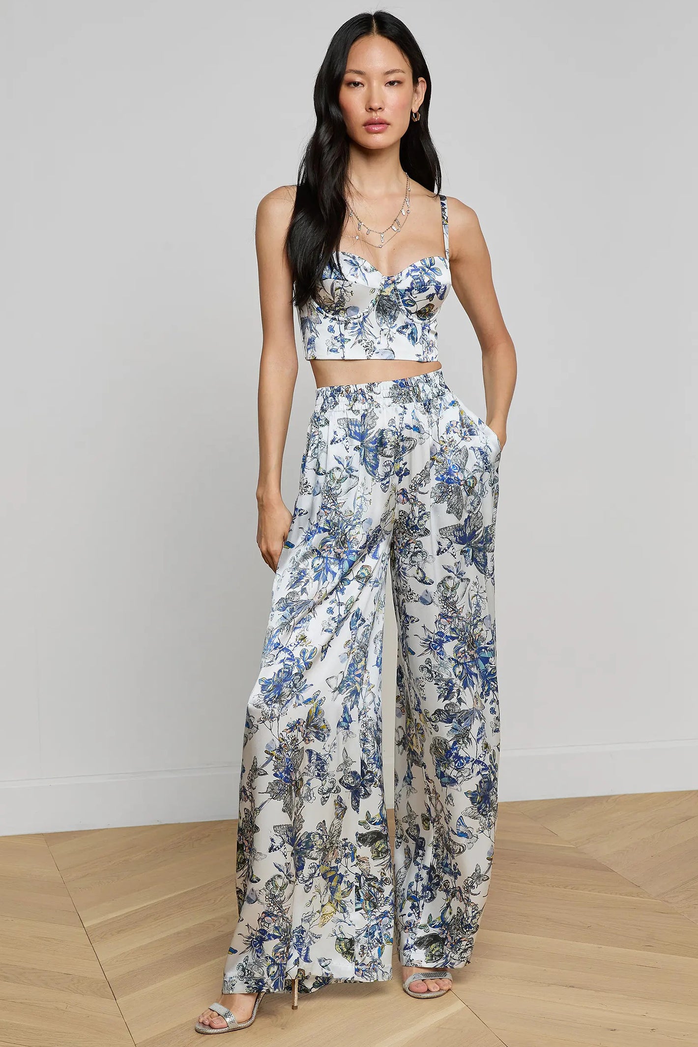 L'Agence Lillian Grey Watercolour Wide Leg Silk Trousers 2616GNW 0100 GMWB