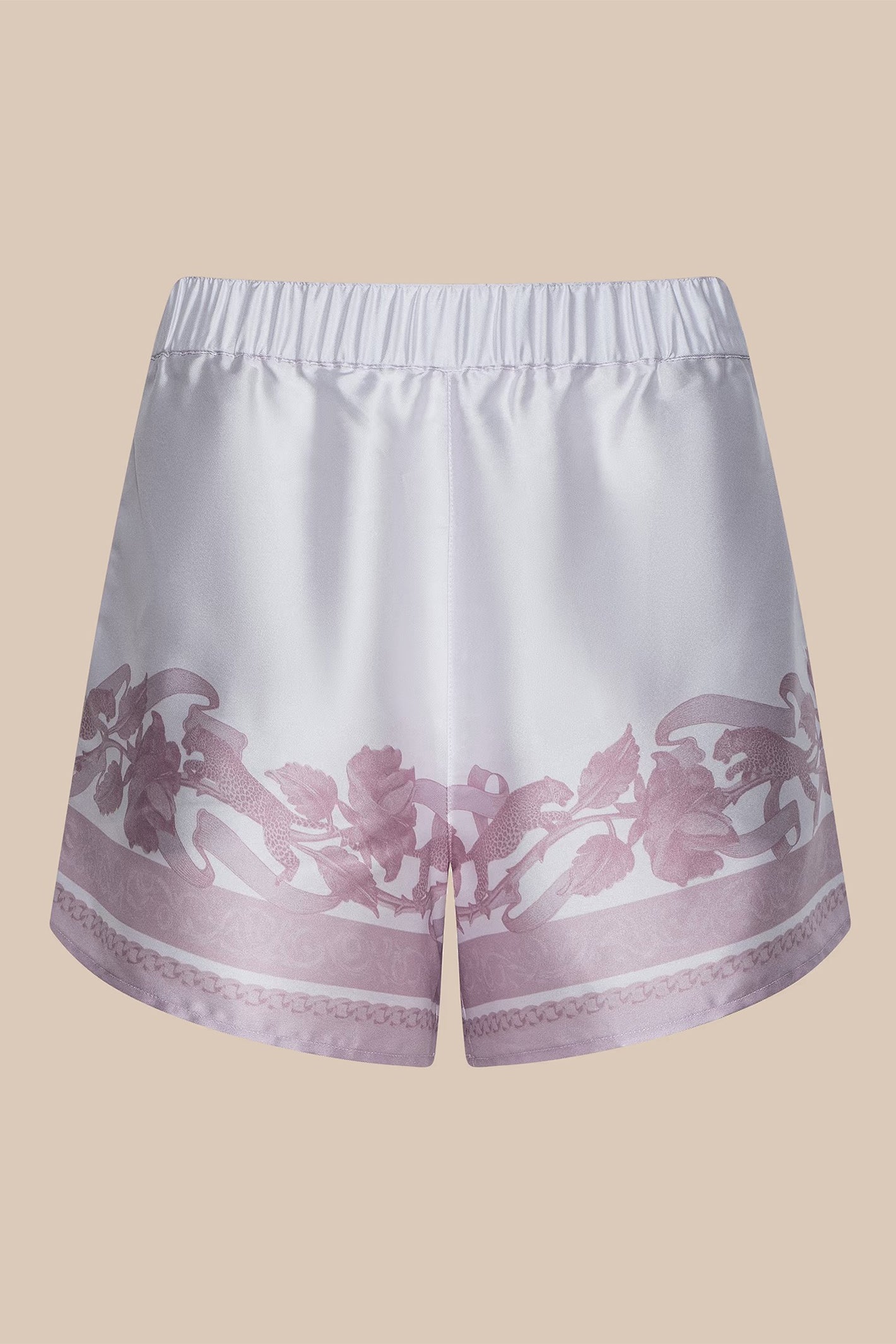 L'Agence 20030GXG-UYGD mauve leopard scarf print shorts at No19 Boutique