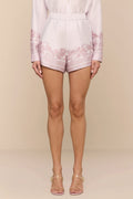 L'Agence 20030GXG-UYGD mauve leopard scarf print shorts at No19 Boutique
