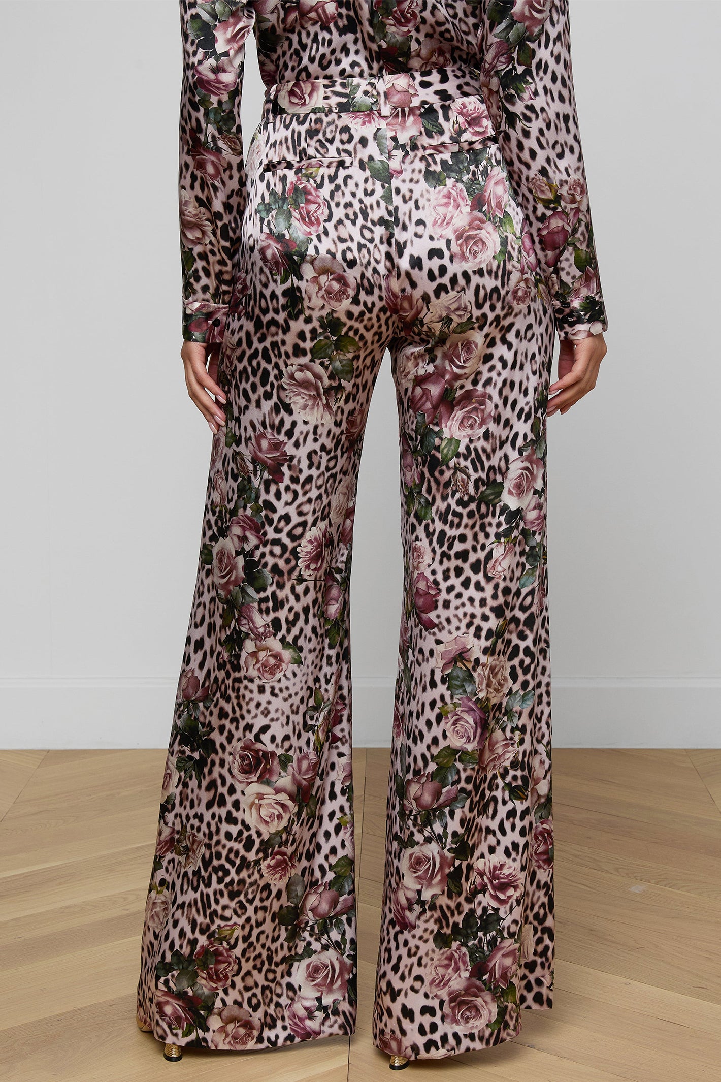 L'Agence Pilar 2625RBL Pink Small Rose Cheetah Wide Leg Silk Trousers 0060 PNSS