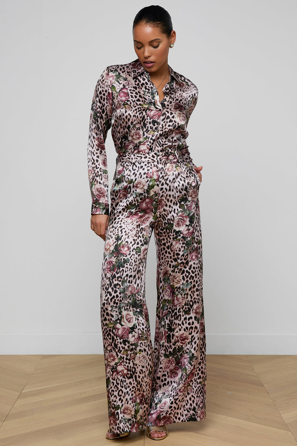 L'Agence Pilar 2625RBL Pink Small Rose Cheetah Wide Leg Silk Trousers 0060 PNSS