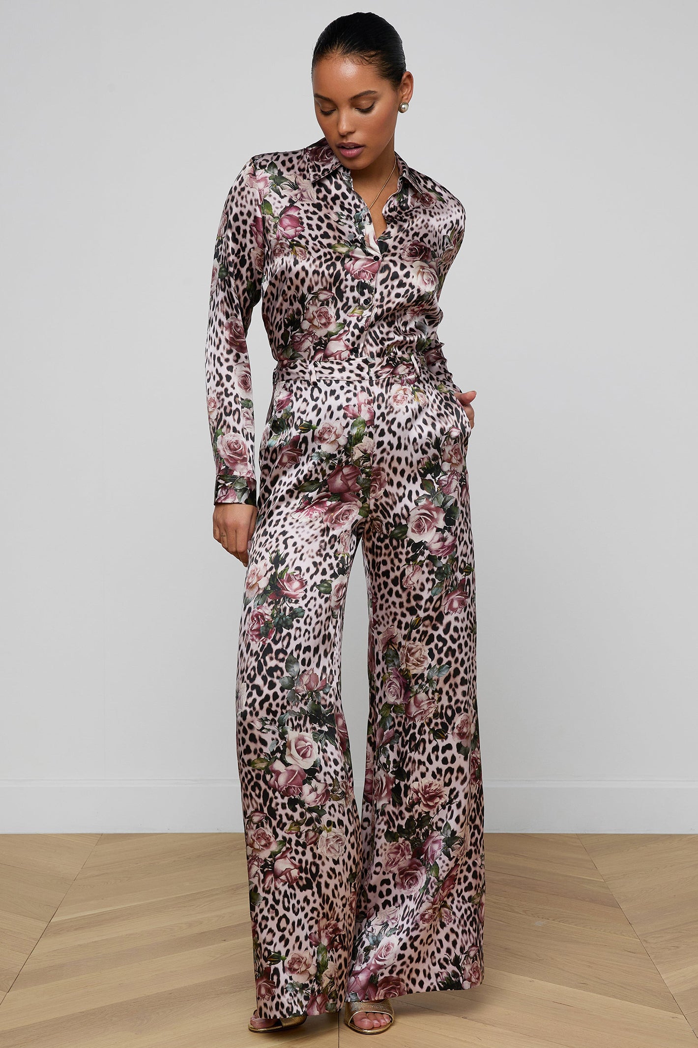 L'Agence Pilar 2625RBL Pink Small Rose Cheetah Wide Leg Silk Trousers 0060 PNSS