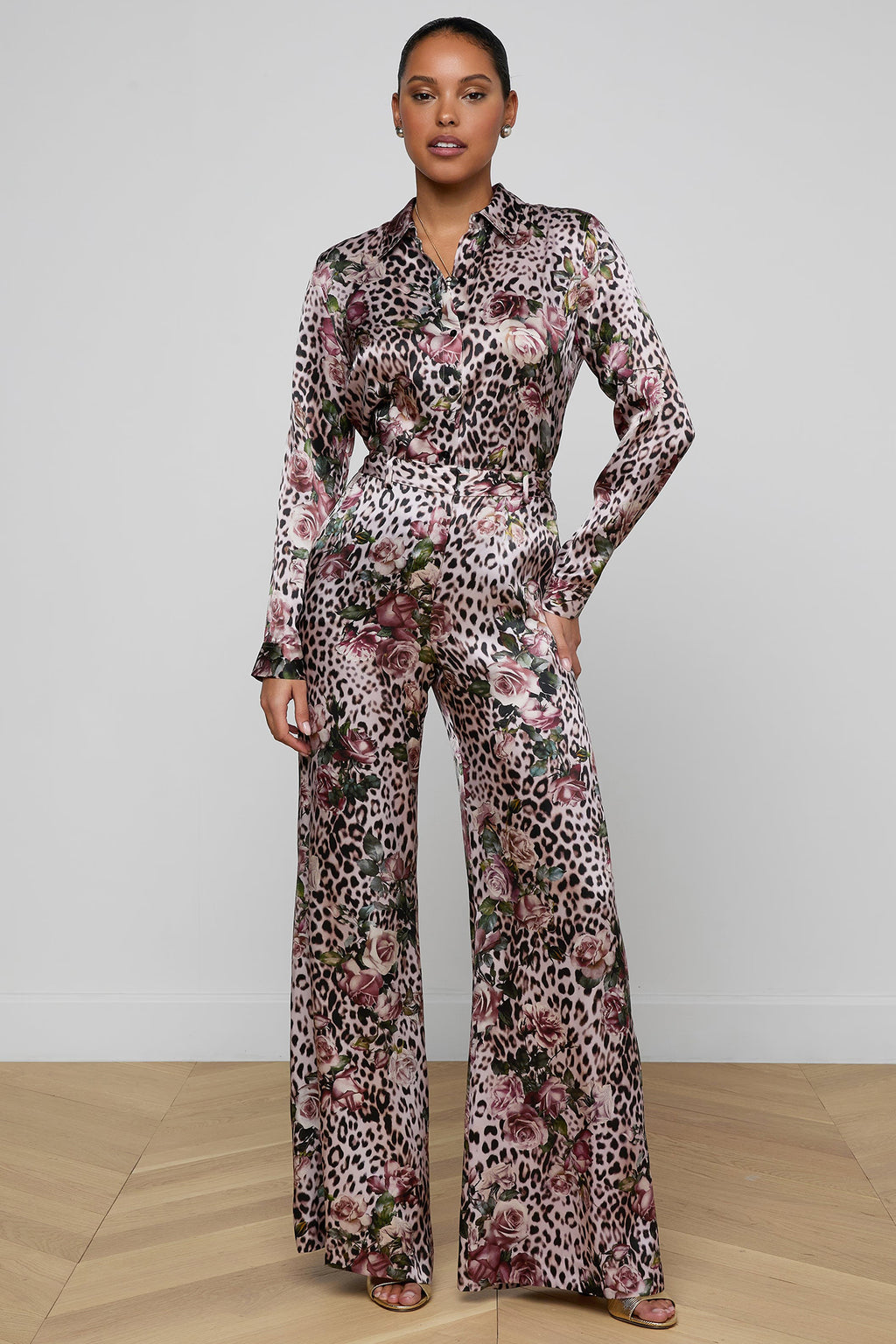 L'Agence Pilar 2625RBL Pink Small Rose Cheetah Wide Leg Silk Trousers 0060 PNSS