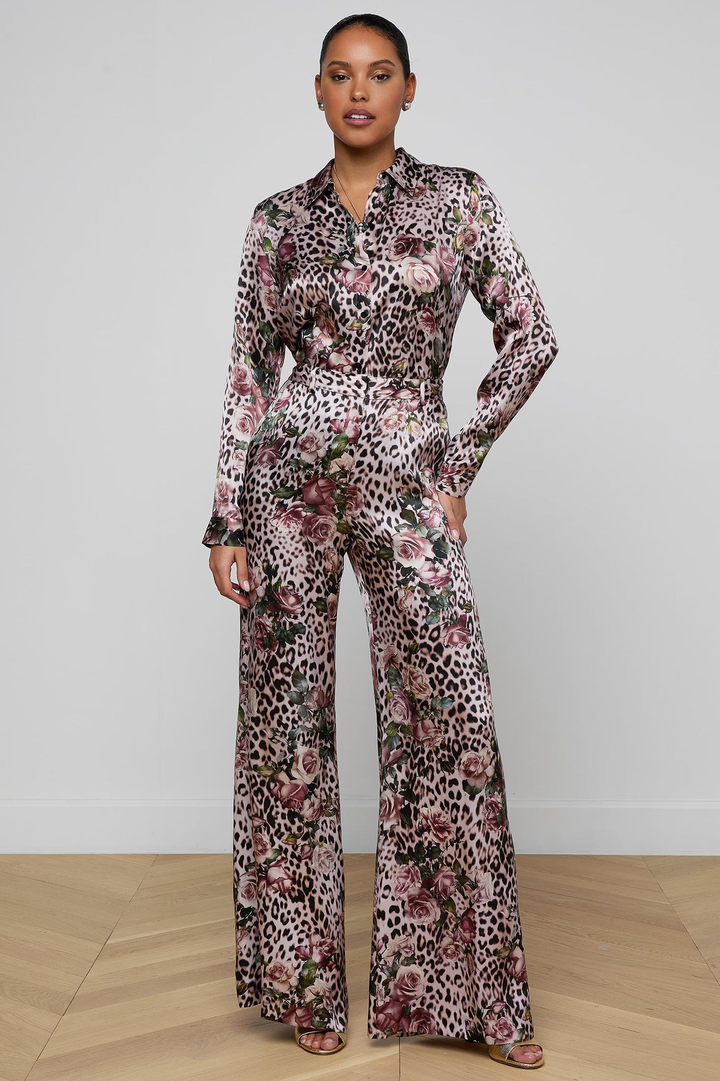 L'Agence Pilar 2625RBL Pink Small Rose Cheetah Wide Leg Silk Trousers 0060 PNSS