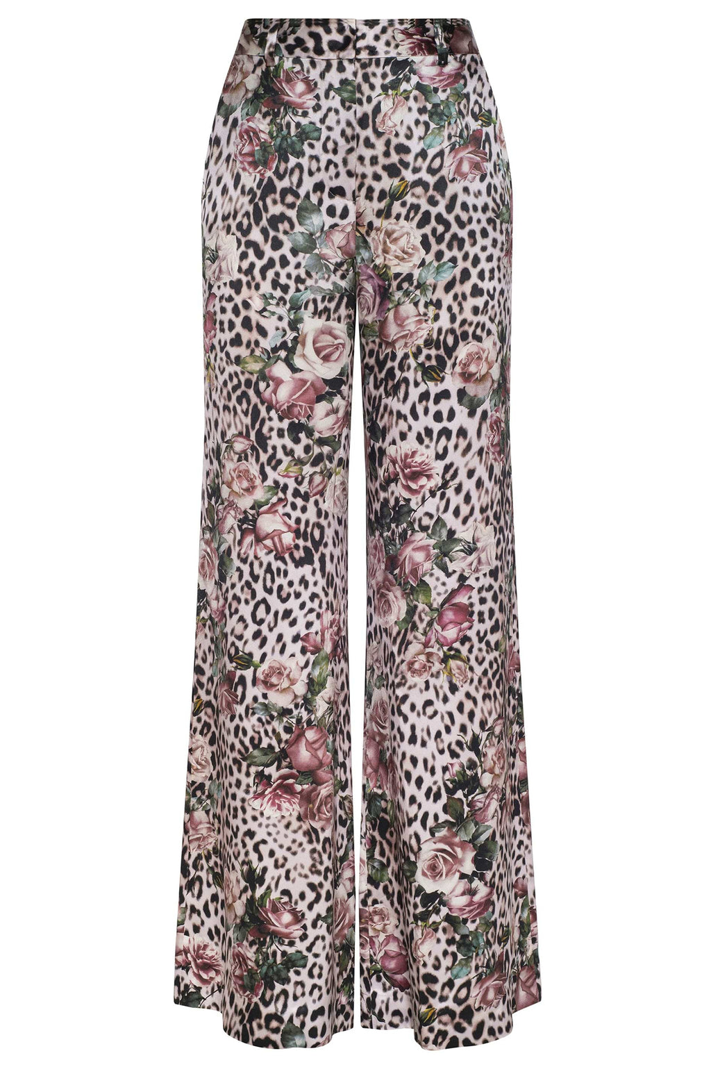 L'Agence Pilar 2625RBL Pink Small Rose Cheetah Wide Leg Silk Trousers 0060 PNSS