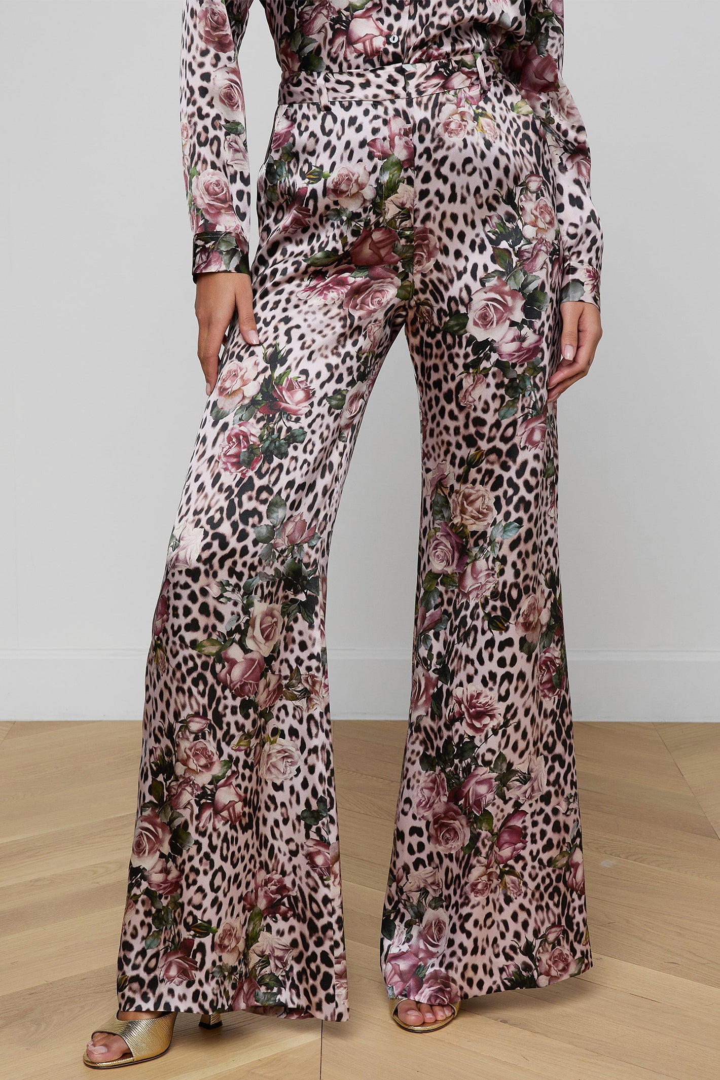 L'Agence Pilar 2625RBL Pink Small Rose Cheetah Wide Leg Silk Trousers 0060 PNSS