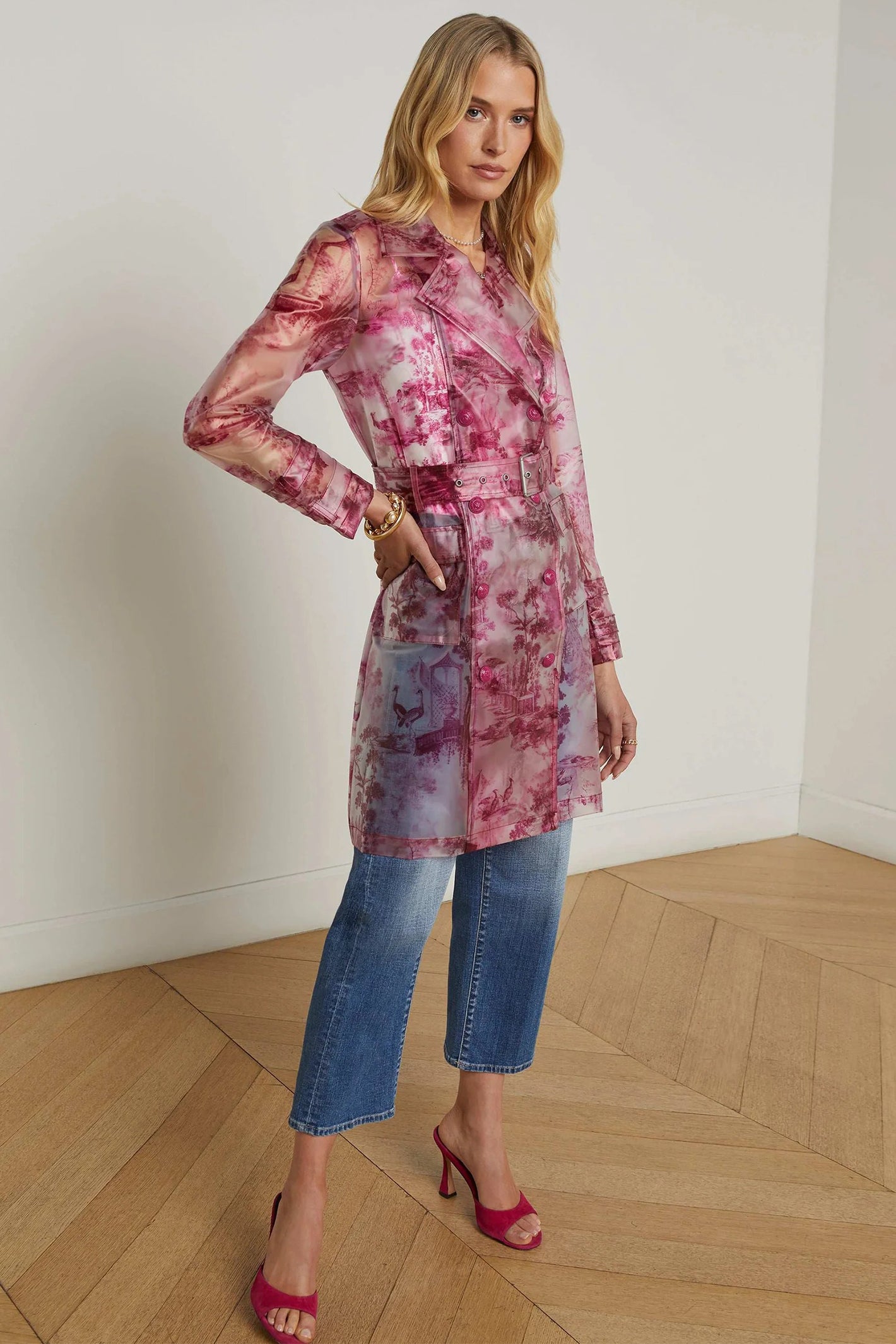 L'Agence Safiya White Pink Porcelain Toile Print Raincoat 1848PUK