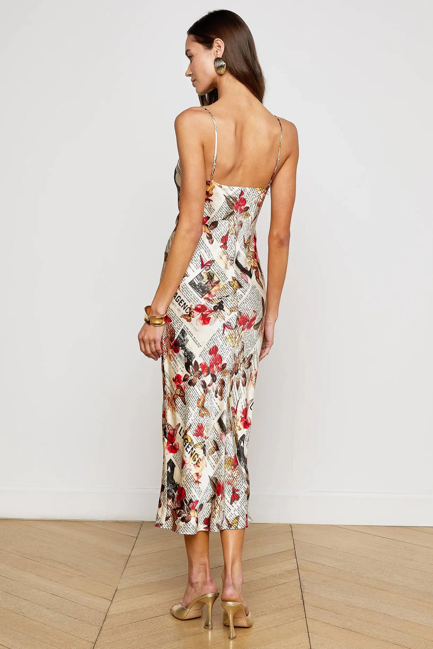 L'Agence Seridie Butterfly Rose Newspaper Silk Slip Dress 61253