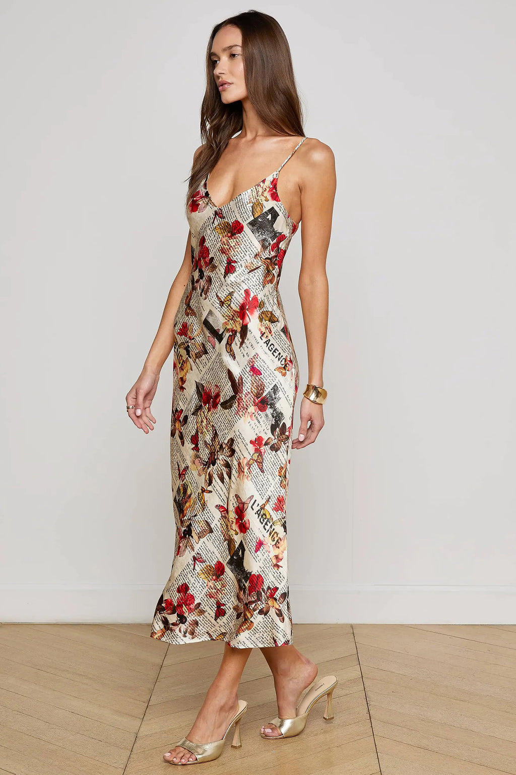 L'Agence Seridie Butterfly Rose Newspaper Silk Slip Dress 61253