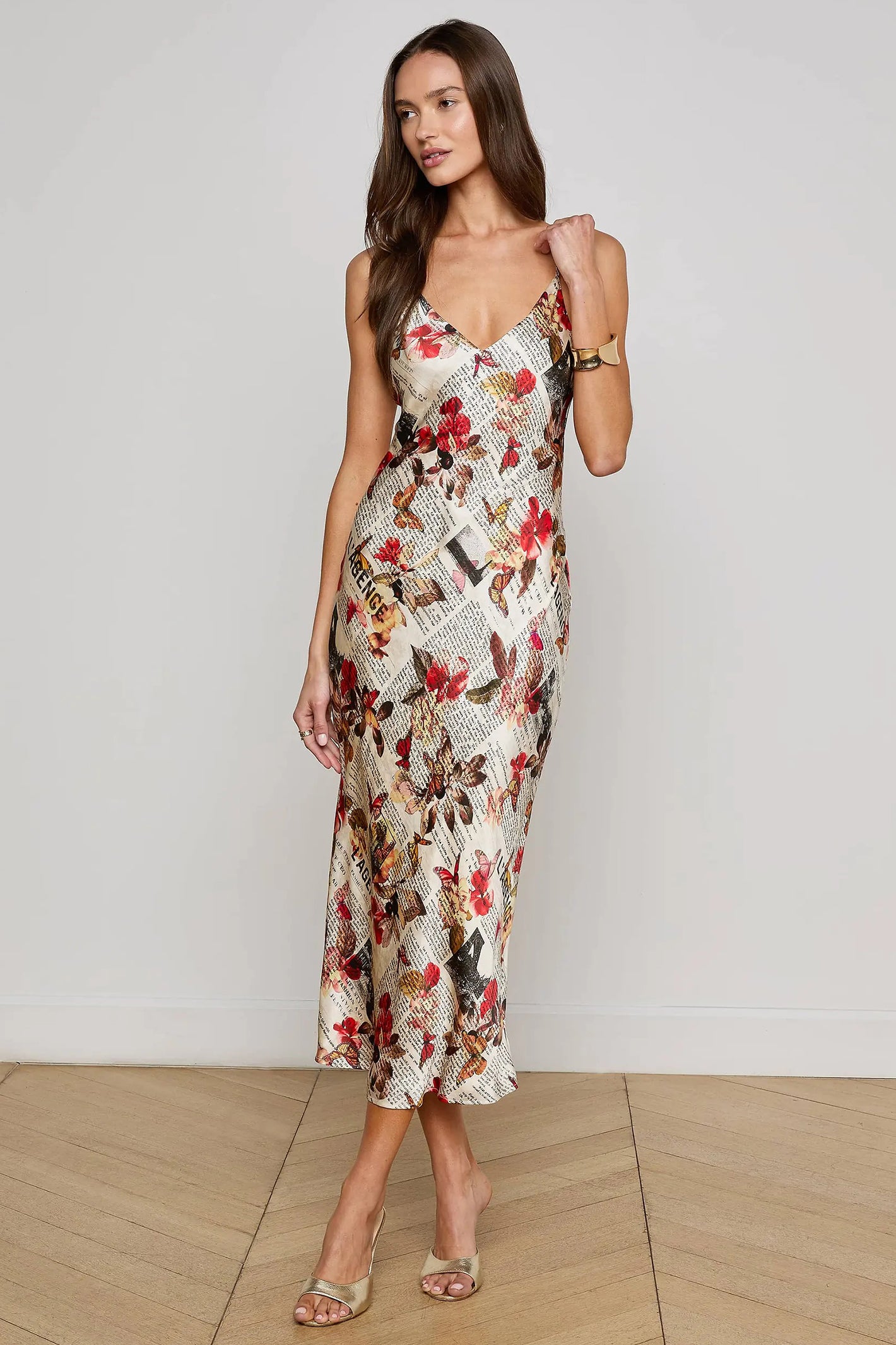 L'Agence Seridie Butterfly Rose Newspaper Silk Slip Dress 61253