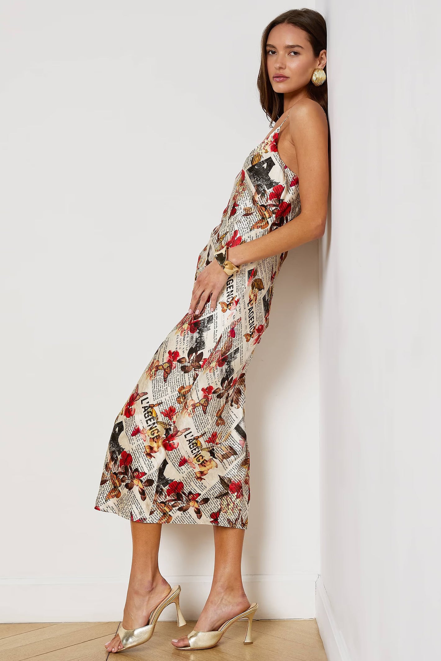L'Agence Seridie Butterfly Rose Newspaper Silk Slip Dress 61253