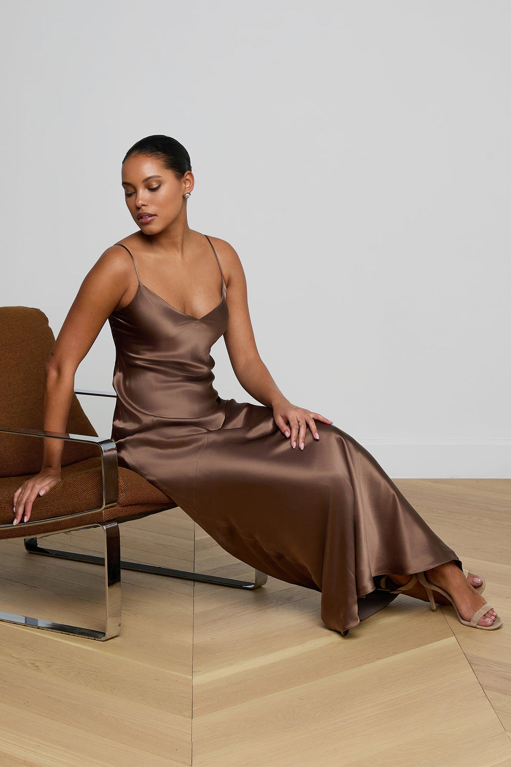 L'Agence Serita 61078CLW Cardamom Brown Silk Maxi Dress 0130 CRDS