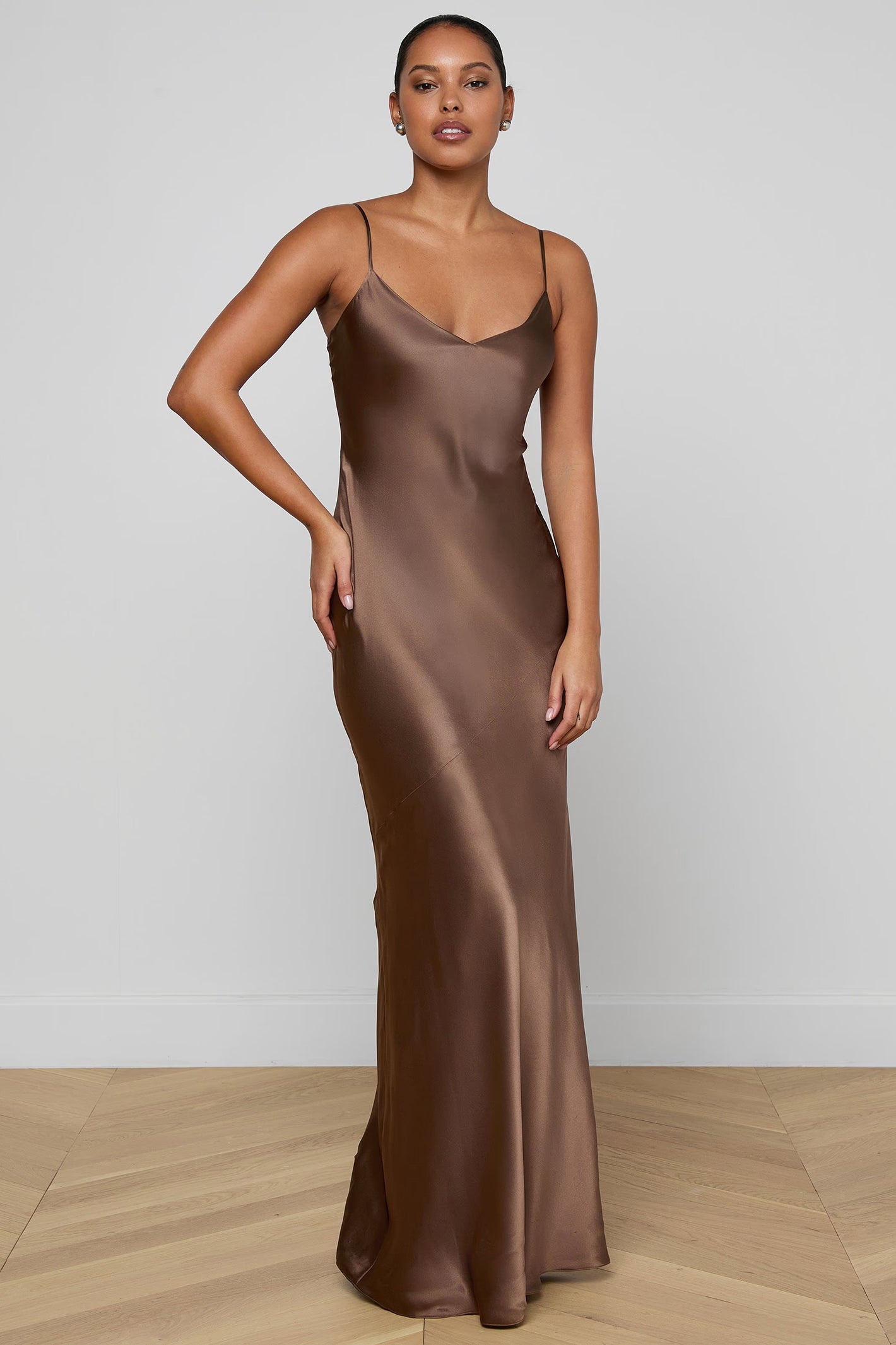 L'Agence Serita 61078CLW Cardamom Brown Silk Maxi Dress 0130 CRDS