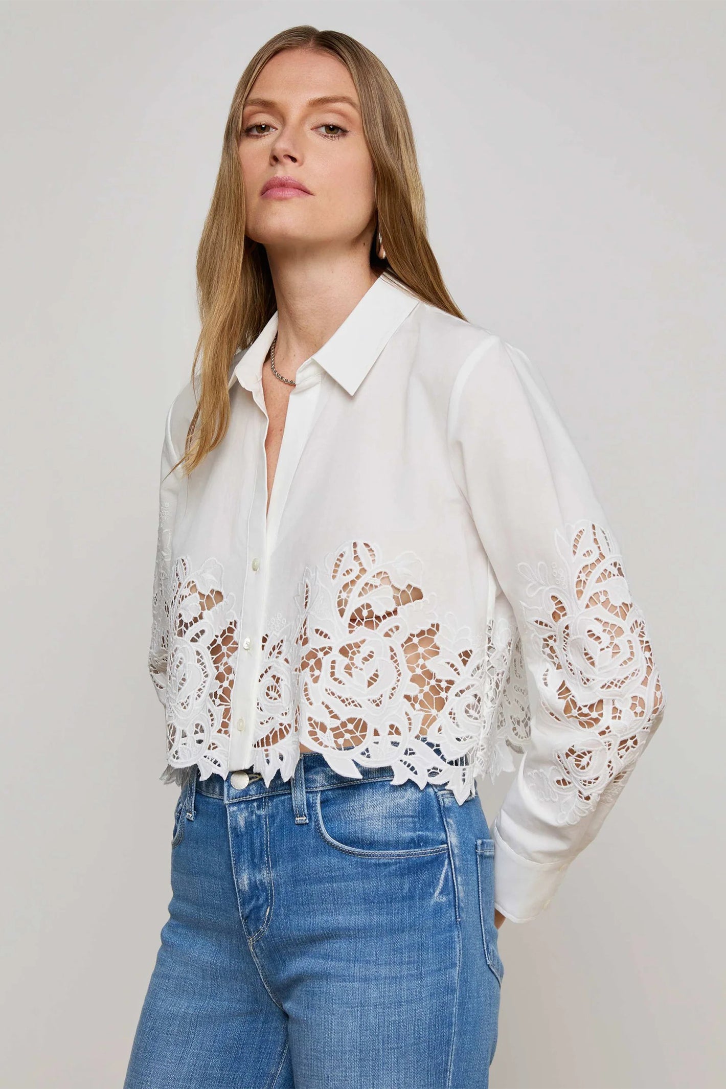 L'Agence Seychelle White Cropped Lace Blouse 40587REK