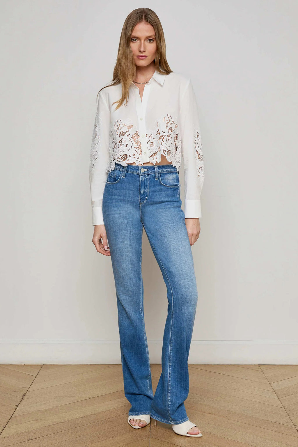 L'Agence Seychelle White Cropped Lace Blouse 40587REK
