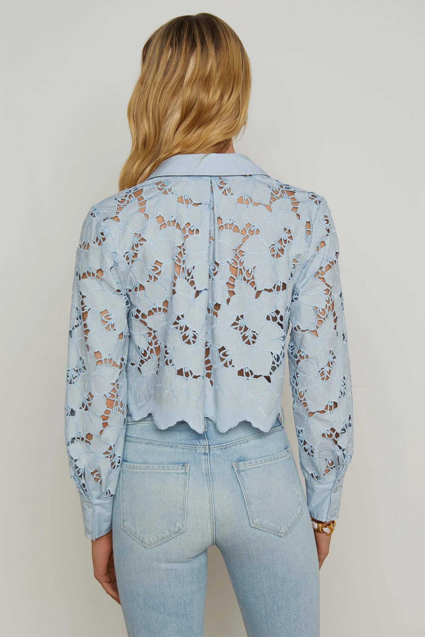 L'Agence Seychelle Blue Fog Cropped Lace Blouse 40587PCS