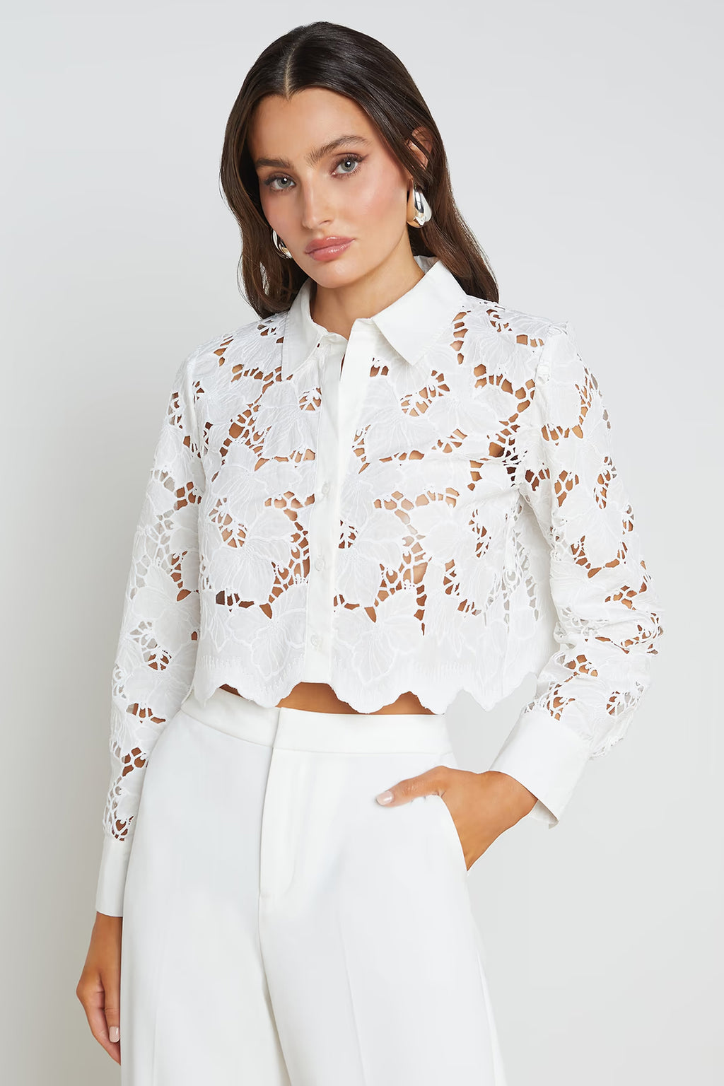L'Agence Seychelle white cropped floral cutwork lace blouse at No.19 Boutique