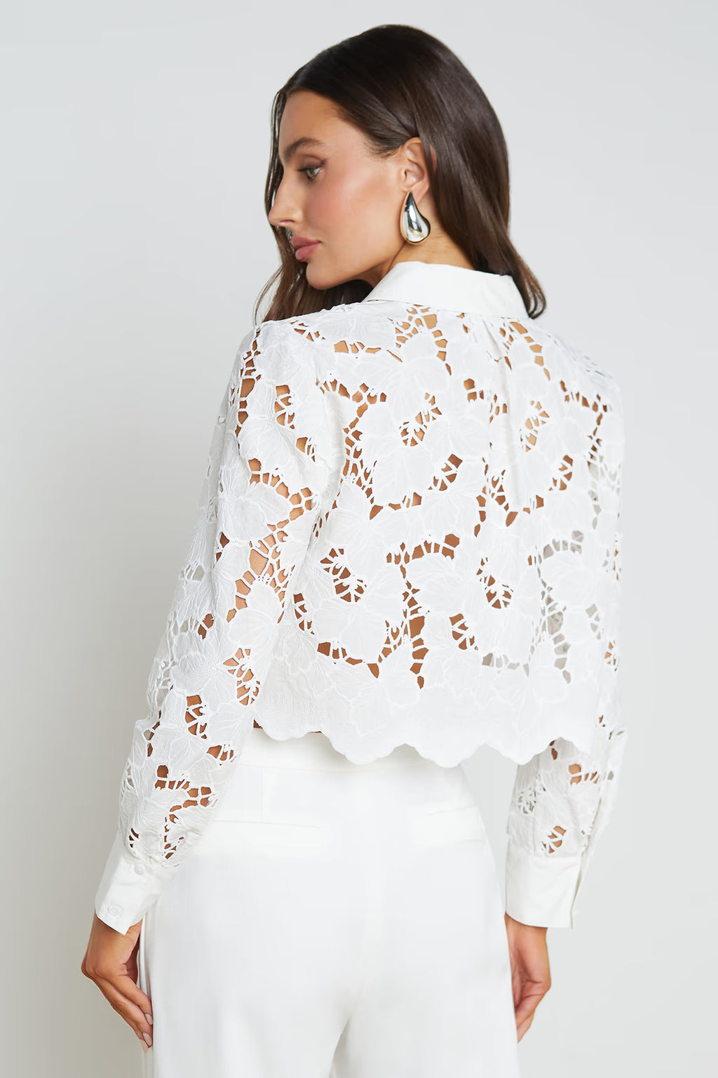 L'Agence Seychelle white cropped floral cutwork lace blouse at No.19 Boutique