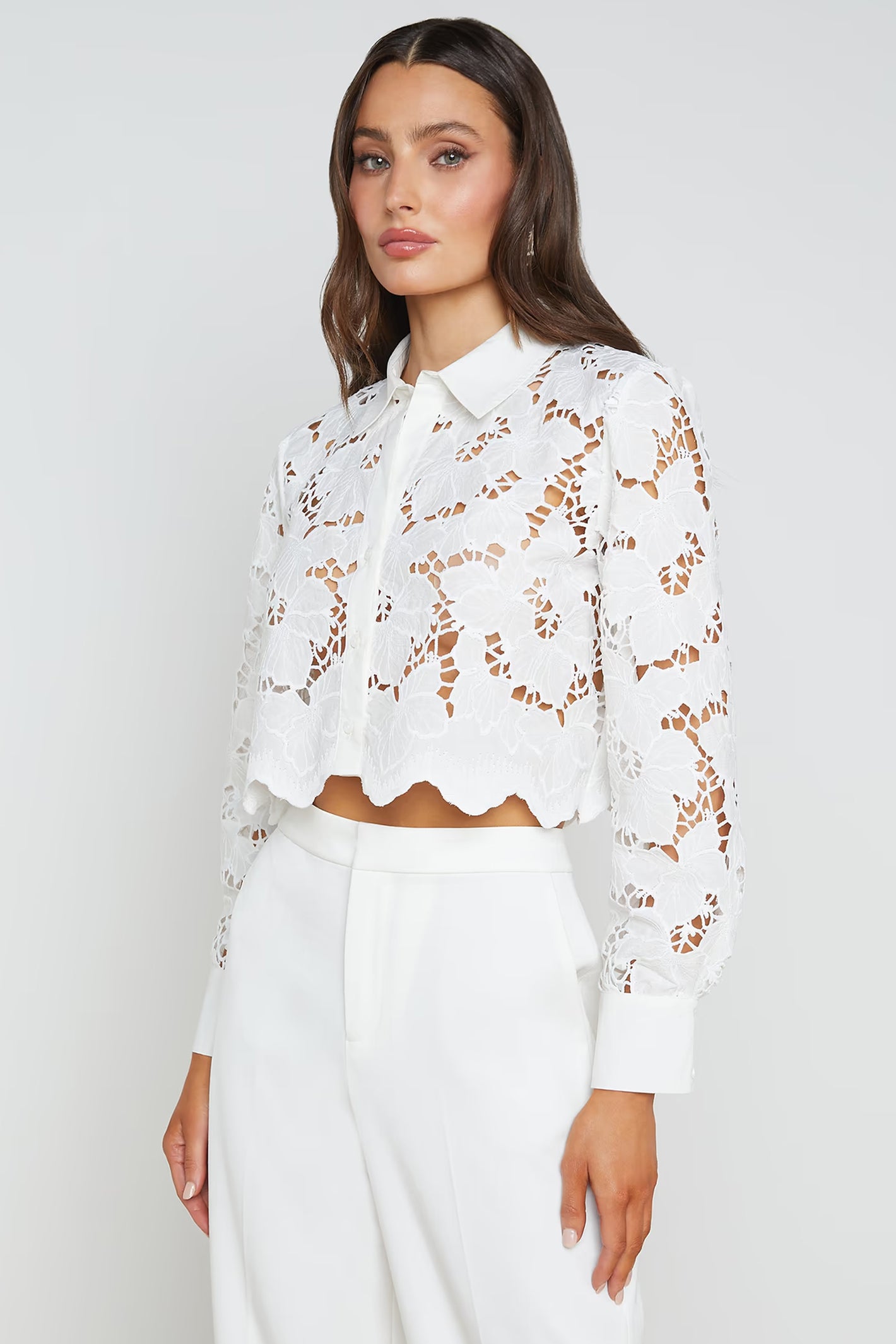L'Agence Seychelle white cropped floral cutwork lace blouse at No.19 Boutique