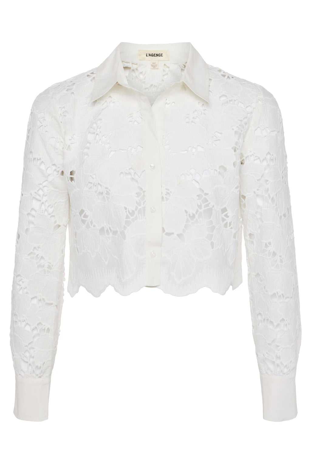 L'Agence Seychelle white cropped floral cutwork lace blouse at No.19 Boutique
