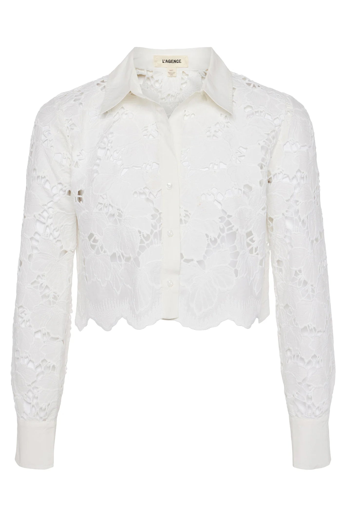 L'Agence Seychelle white cropped floral cutwork lace blouse at No.19 Boutique