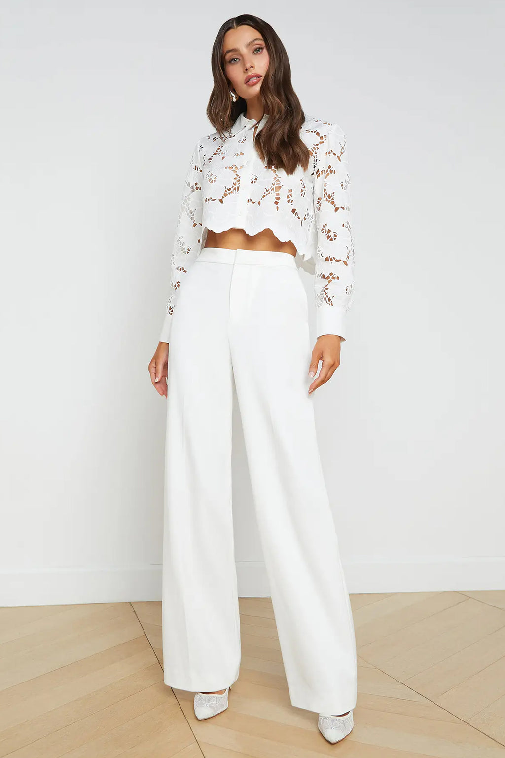 L'Agence Seychelle white cropped floral cutwork lace blouse at No.19 Boutique