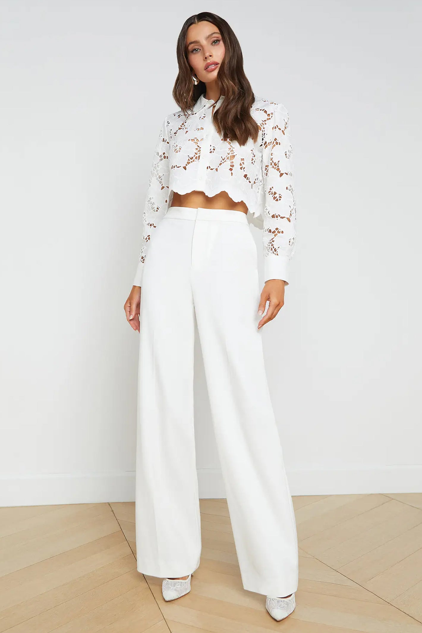 L'Agence Seychelle white cropped floral cutwork lace blouse at No.19 Boutique