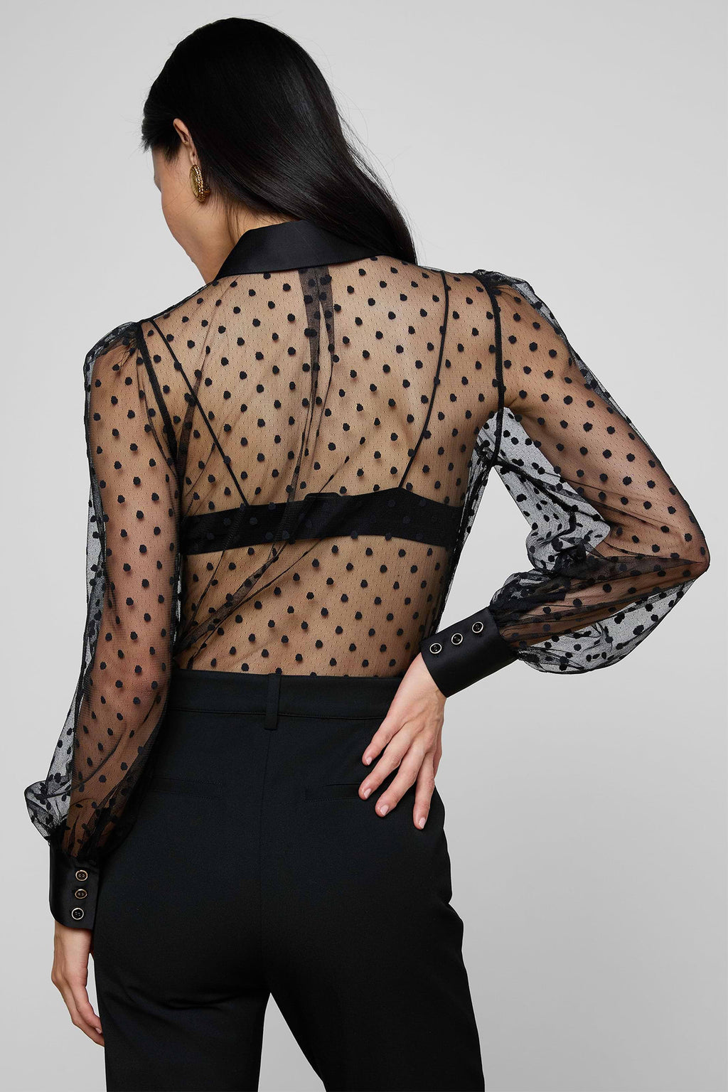 L'Agence Sophie 40824KFL Black Long Sleeve Sheer Dot Blouse 0040 BLAC