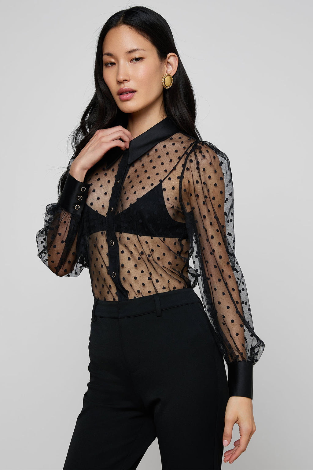 L'Agence Sophie 40824KFL Black Long Sleeve Sheer Dot Blouse 0040 BLAC