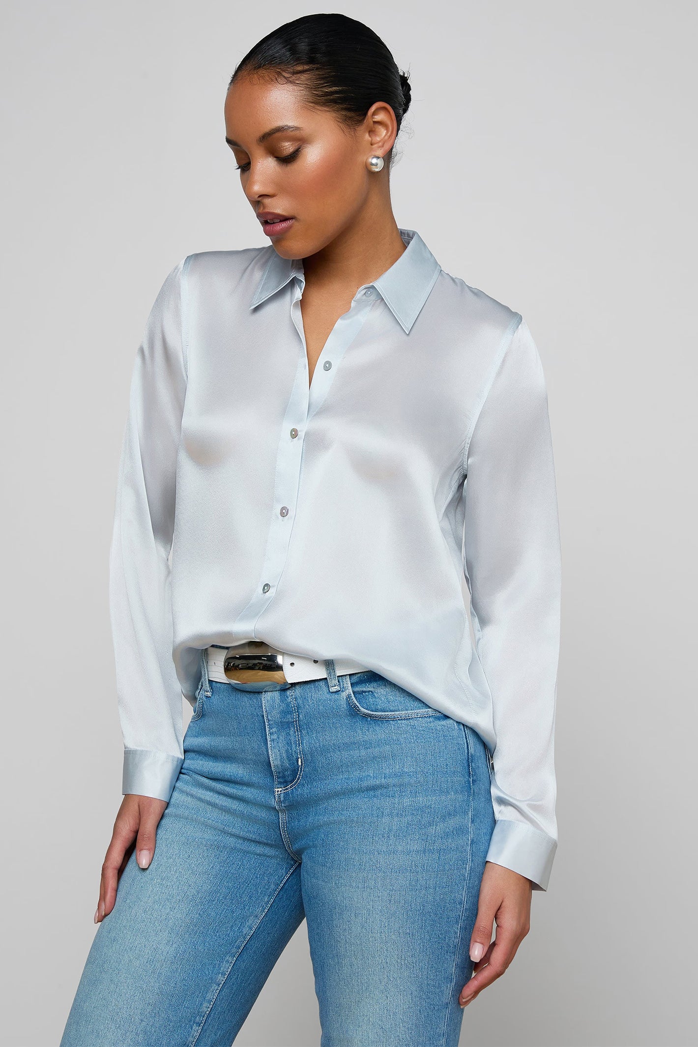 L'Agence Tyler 40223CLZ Pale Mist Blue Silk Blouse 0060 PLMB