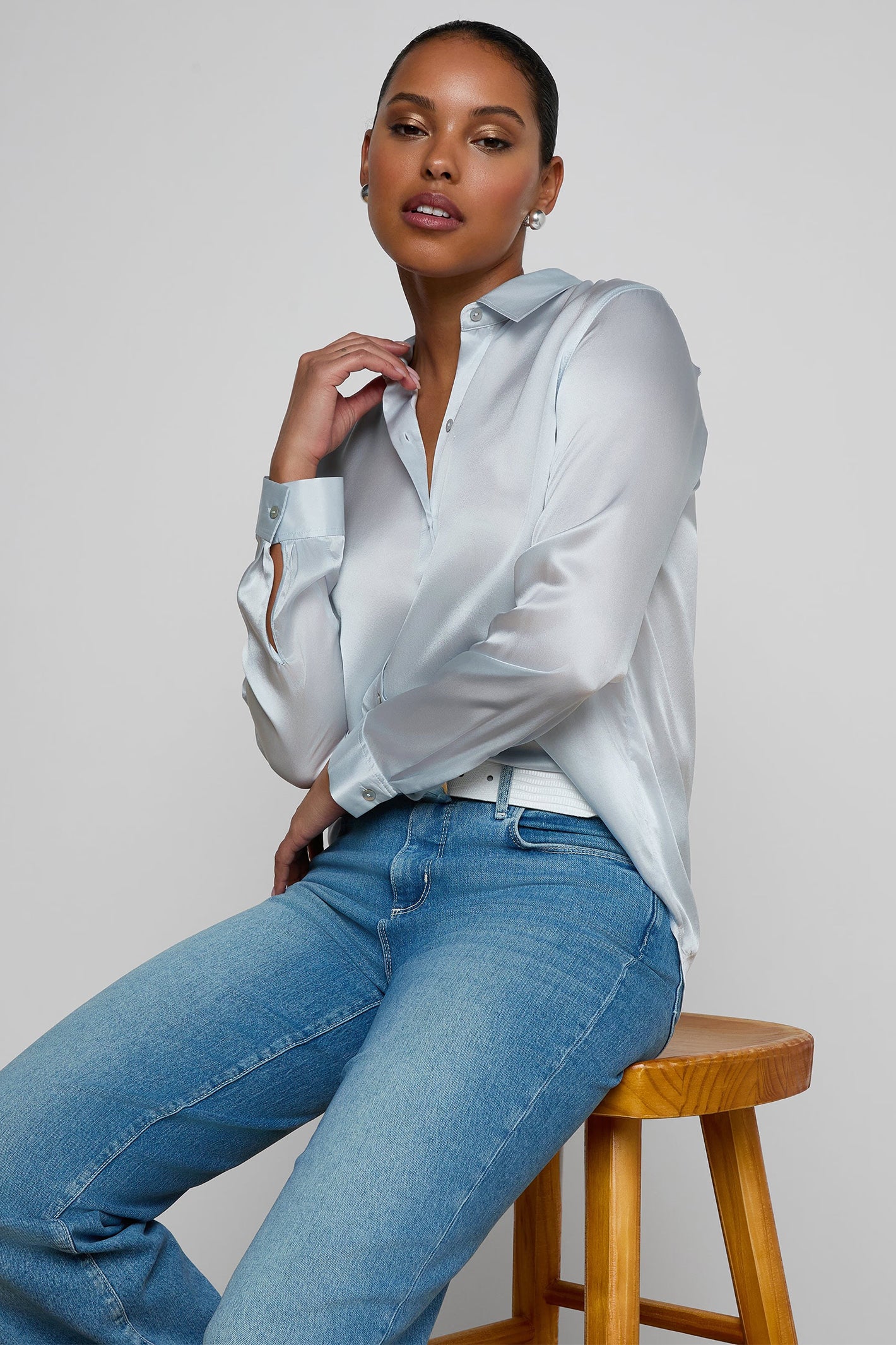 L'Agence Tyler 40223CLZ Pale Mist Blue Silk Blouse 0060 PLMB