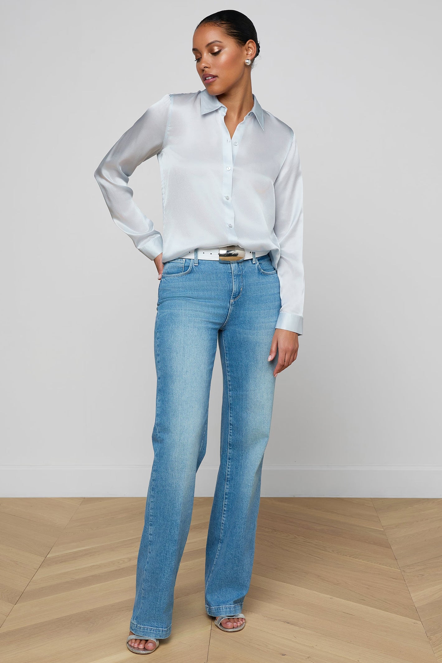 L'Agence Tyler 40223CLZ Pale Mist Blue Silk Blouse 0060 PLMB