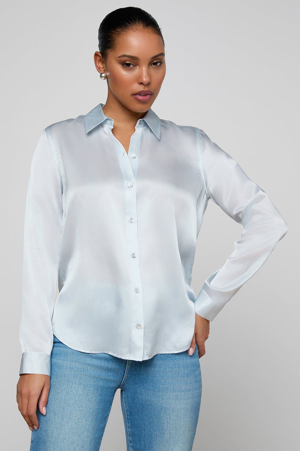 L'Agence Tyler 40223CLZ Pale Mist Blue Silk Blouse 0060 PLMB