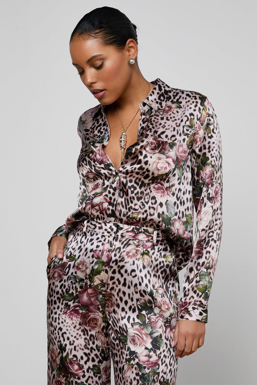 L'Agence Tyler 40223RBM Pink Rose Cheetah Long Sleeve Blouse 0010 PNSS