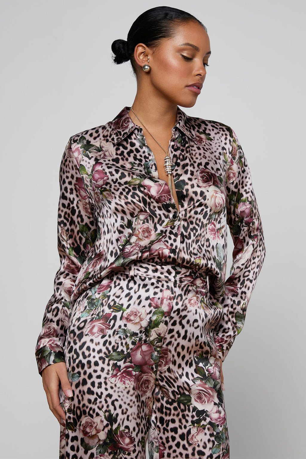 L'Agence Tyler 40223RBM Pink Rose Cheetah Long Sleeve Blouse 0010 PNSS