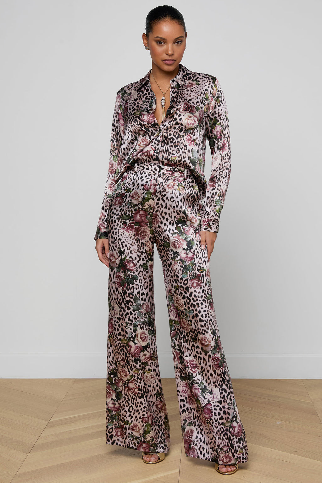 L'Agence Tyler 40223RBM Pink Rose Cheetah Long Sleeve Blouse 0010 PNSS