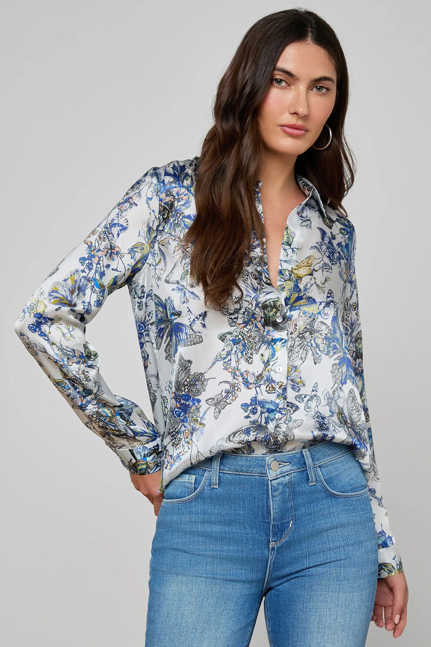 L'Agence Tyler Grey Watercolour Silk Blouse 40223GNX 0030 GMWB