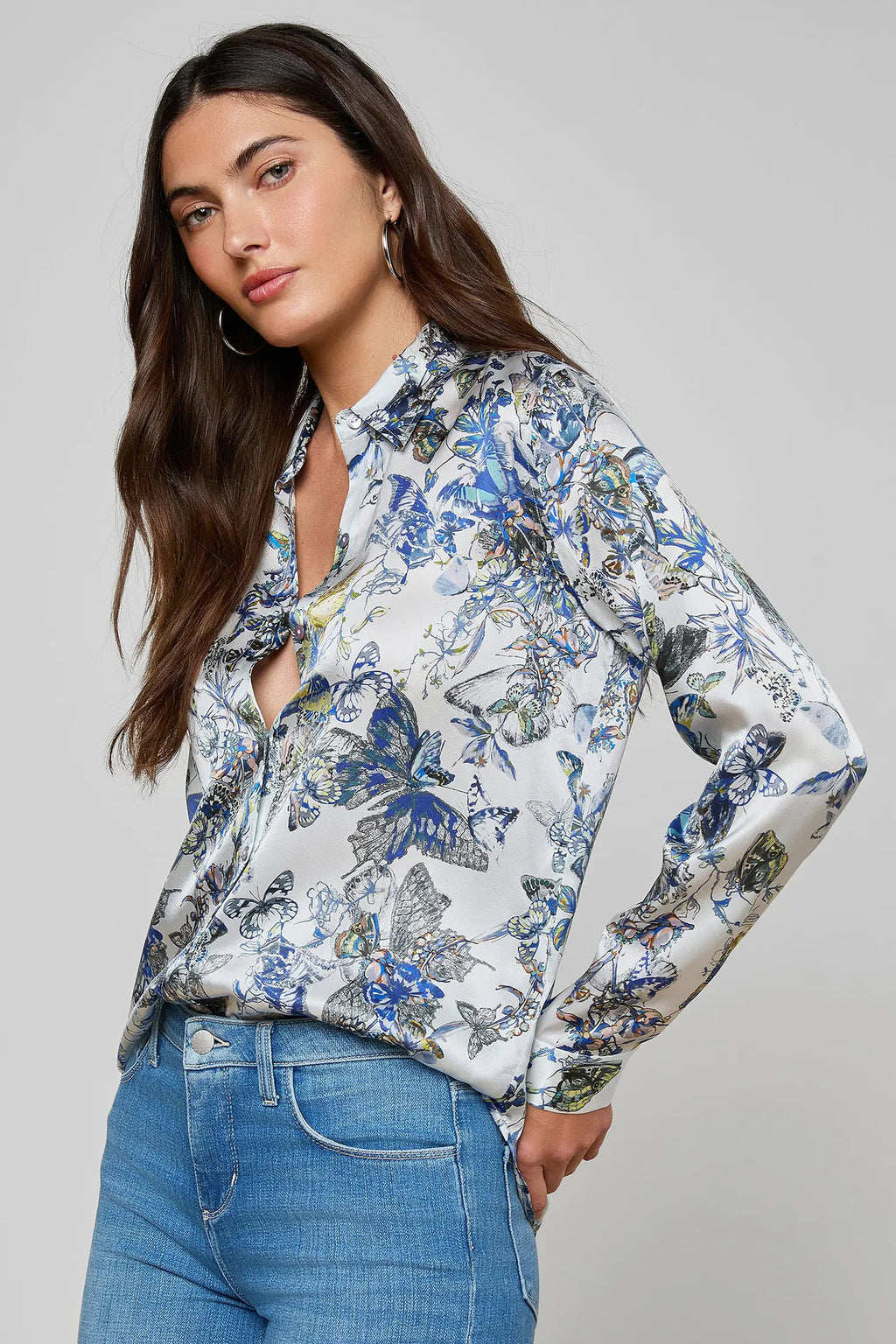 L'Agence Tyler Grey Watercolour Silk Blouse 40223GNX 0030 GMWB