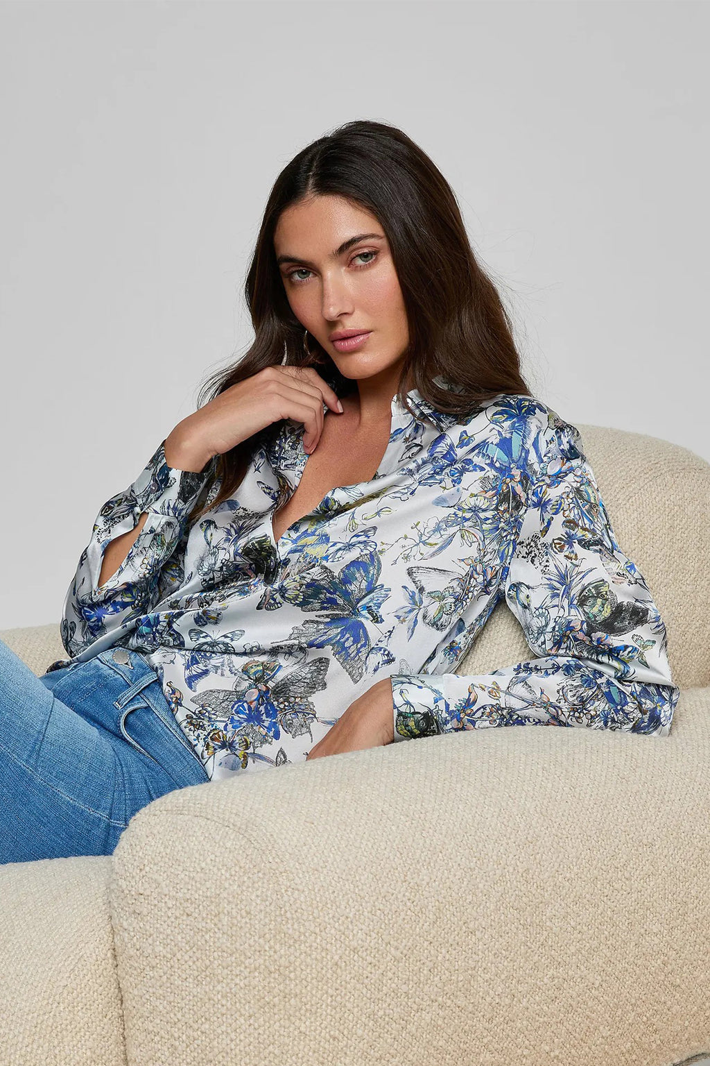 L'Agence Tyler Grey Watercolour Silk Blouse 40223GNX 0030 GMWB