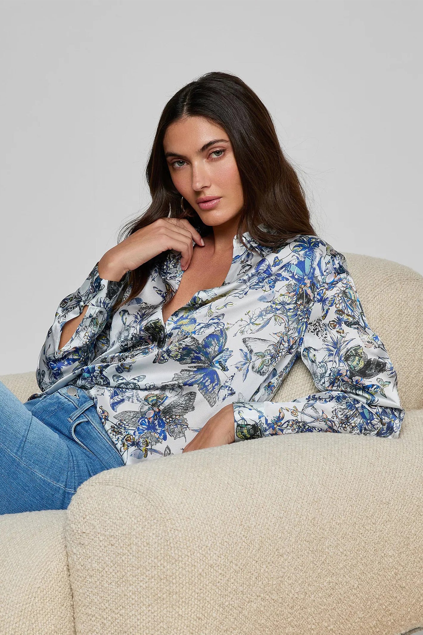 L'Agence Tyler Grey Watercolour Silk Blouse 40223GNX 0030 GMWB