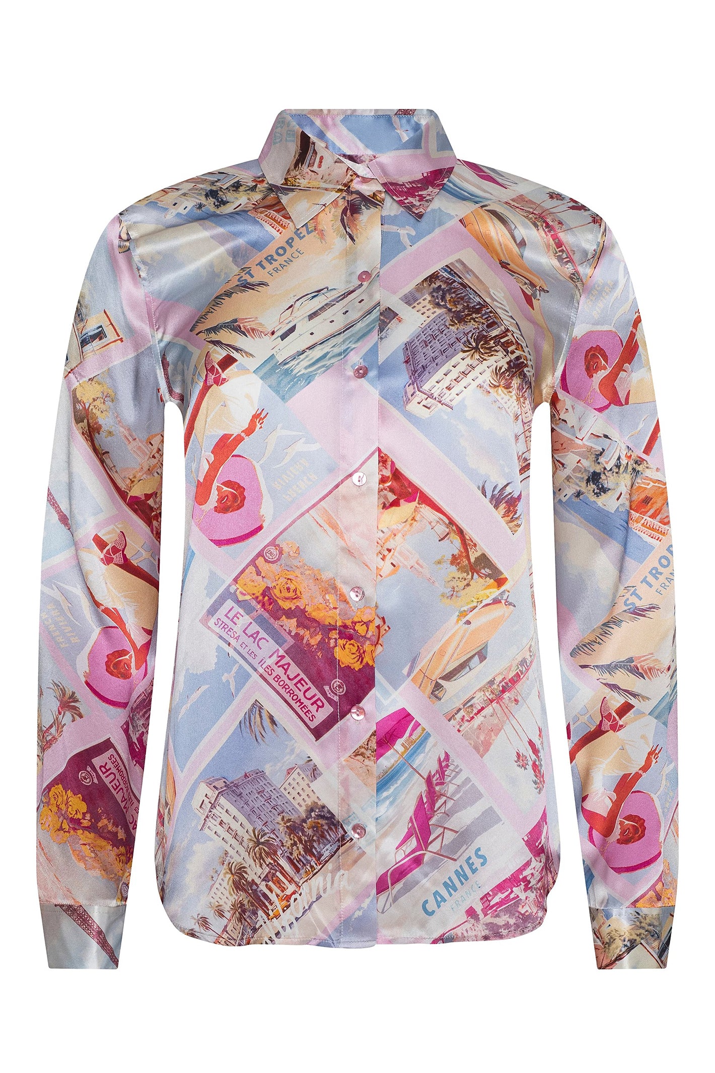 Colorful patterned shirt with abstract designs on a white background