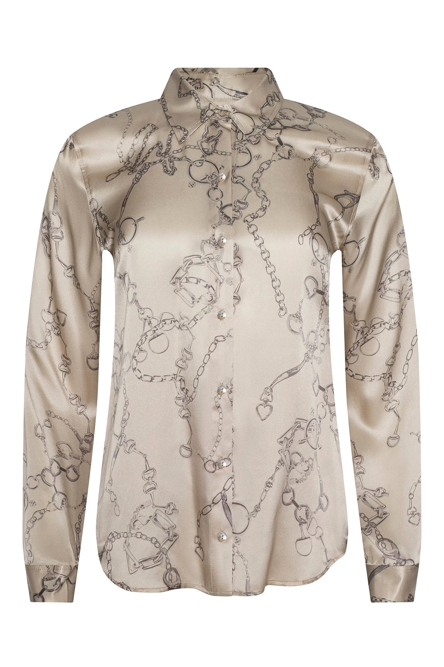 L'Agence Tyler Soft Macadamia Horsebit Chain Print Silk Blouse 40223IFZ