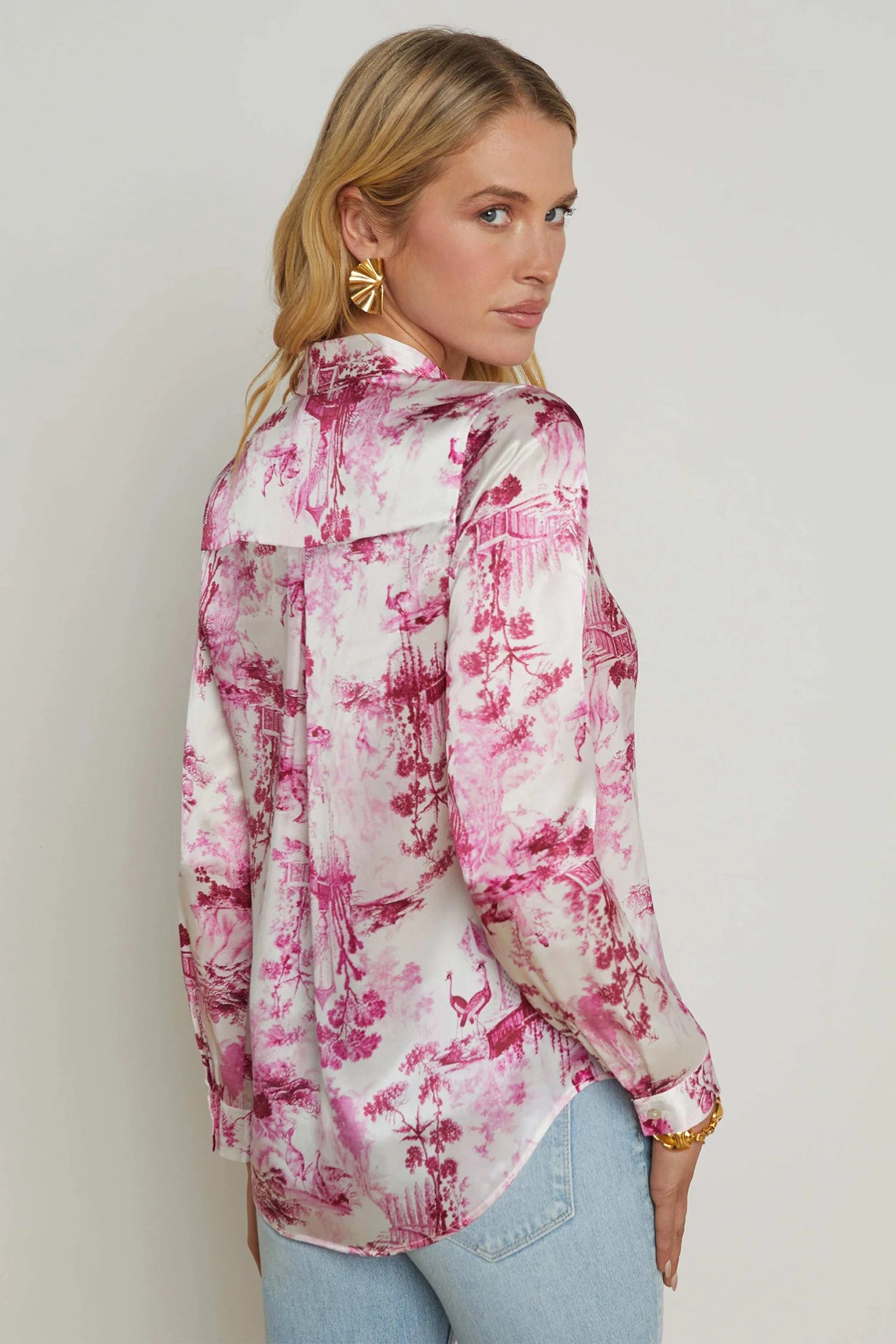 L'Agence Tyler White Pink Porcelain Toile Print Silk Blouse 40223PUF