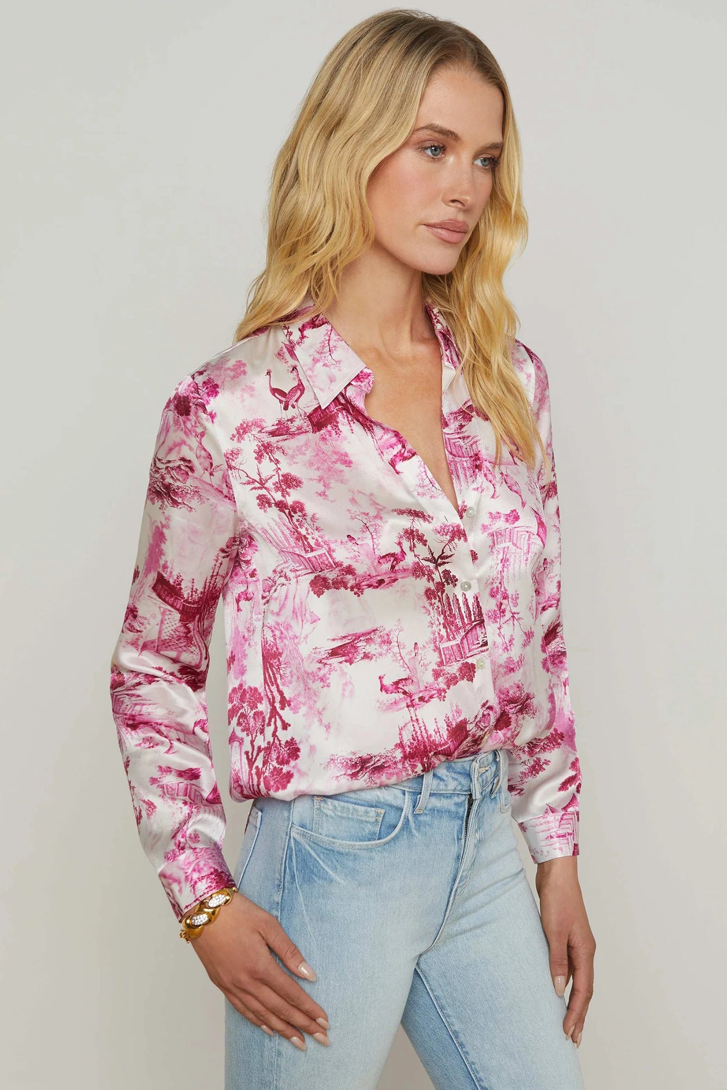 L'Agence Tyler White Pink Porcelain Toile Print Silk Blouse 40223PUF